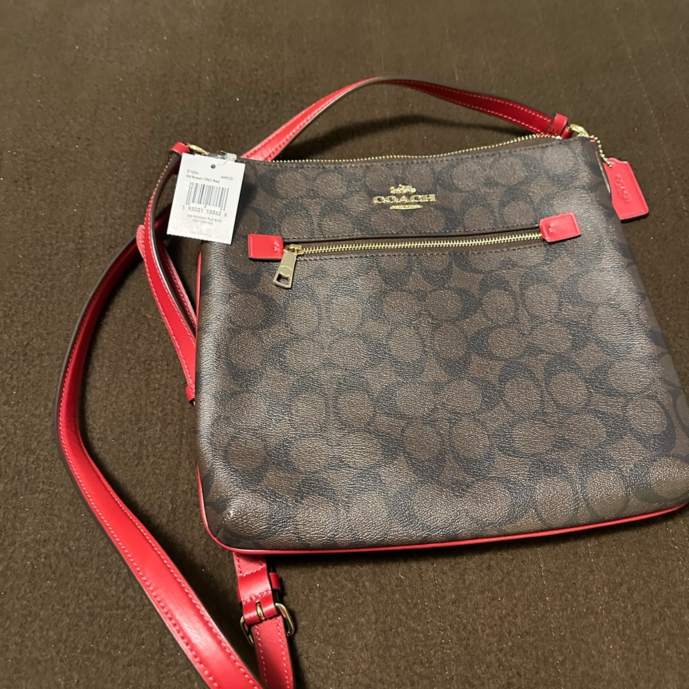 Coach Patterned Bag with red leather accents